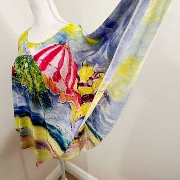 Leoma Lovegrove Colorful Tropical Overlay Top Beach Scene Art To Wear - Picture 3 of 7